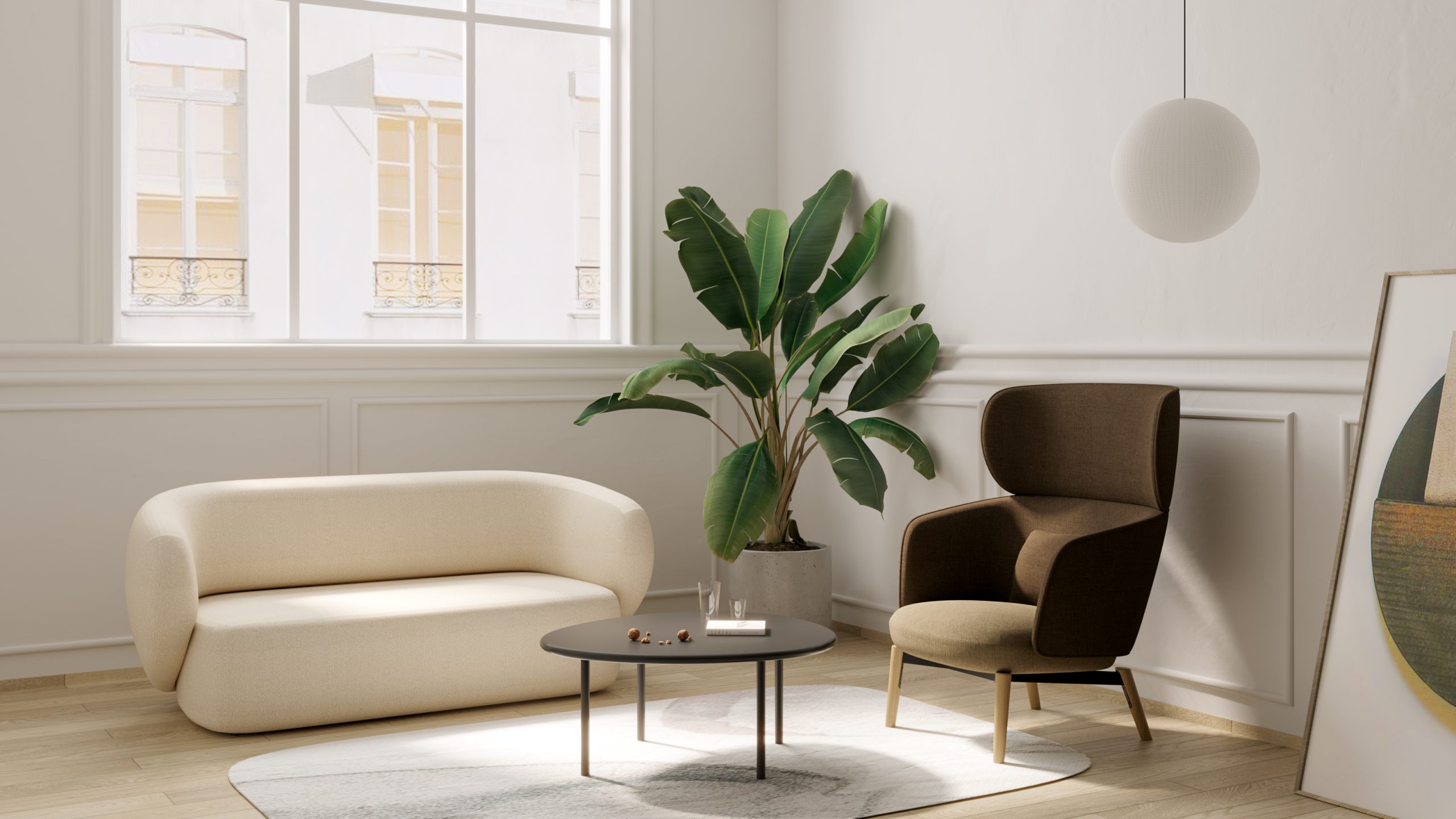 A Beautiful White Commercial Sofa complimented with a luxurious brown high back sofa sets the tone for a welcoming reception area.